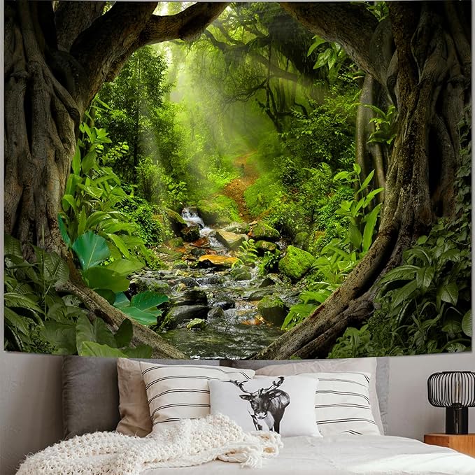 Misty Forest Tree Cave Tapestry Nature Green Tapestry Enchanted Rainforest Tropical Jungle Sunshine Flowing Stream Landscape Wall Tapestries for Living Room Bedroom Dorm Office (50" × 60")-Ruum Studio Home