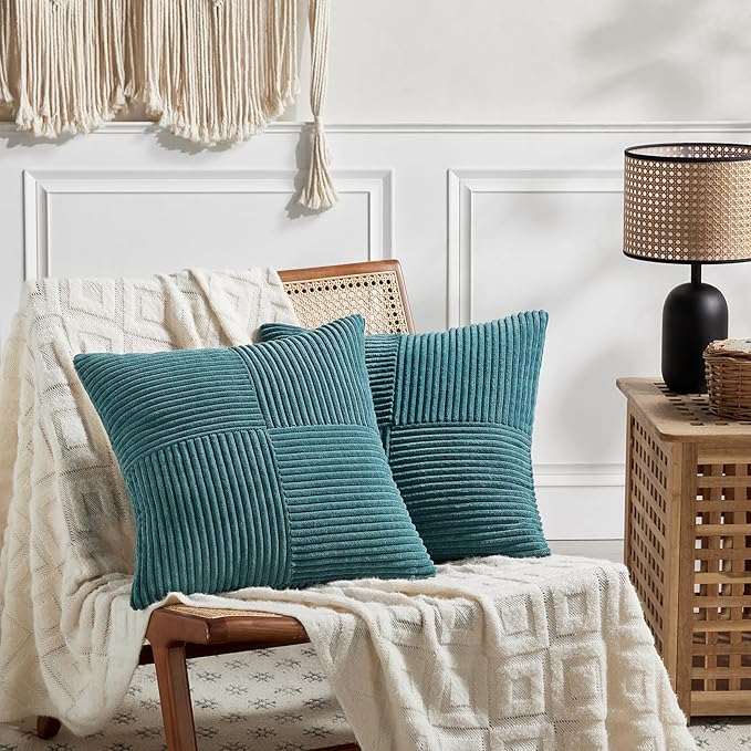 Fancy Homi 2 Packs Teal Euro Decorative Throw Pillow Covers 28x28 Inch for Couch Bed Sofa, Rustic Farmhouse Boho Home Decor, Soft Corss Corduroy Patchwork Textured Square Cushion Case 71x71 cm-Ruum Studio Home