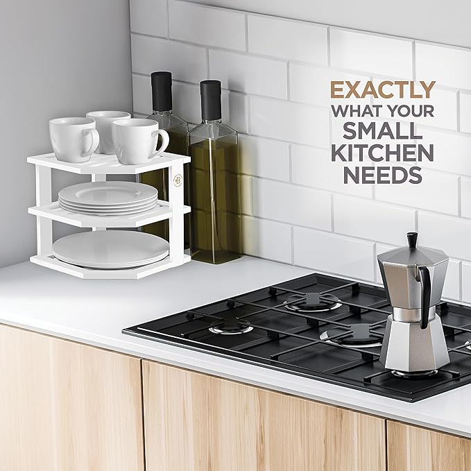 Cabinet Organizer Shelf - Bamboo Corner Rack for Kitchen Counter, Cabinet Space Saver for Plates, Dishes, Bowls, Bread Pantry, Bathroom Storage or Countertop Stand, White-Ruum Studio Home