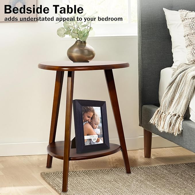 Wood Side Table, Small End Table with Storage Shelf, Accent Table for Living Room, Solid Wood Legs, Walnut-Ruum Studio Home