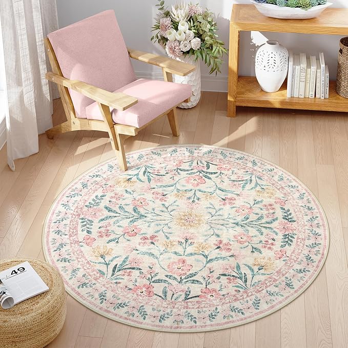 Wonnitar Pink Floral Round Rugs 5ft, Soft Circle Rug Non Slip Washable Round Carpet, Boho Non-Shedding Flower Distressed Circle Carpets for Bedroom Girls Room Nursery-Ruum Studio Home