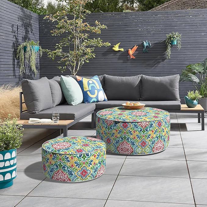 Inflatable Ottoman Stool D31 xH14 for Outdoor/Indoor Use, Water Repellent Patio Foot Rest Stool with Portable Handle,Round Pouf Ottoman Suitable for Garden,Deck and Camping - Damask Red-Ruum Studio Home