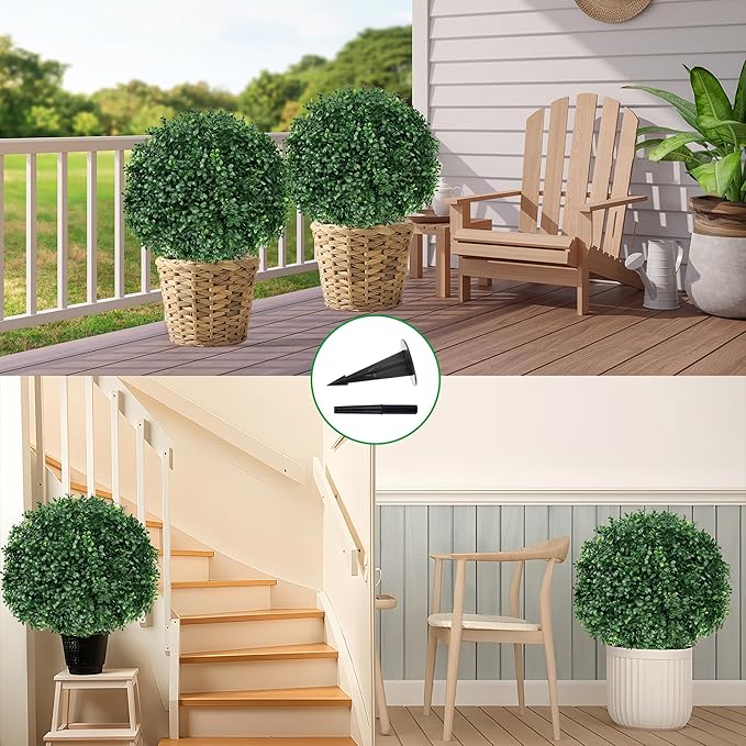 Artificial Boxwood Topiary Ball Tree with Ground Spike, Set of 2 Artificial Shrub Bushes, Fake Evergreen Tree for Porch, Artificial Plants for Outdoor Planters Indoor UV Resistant-Ruum Studio Home