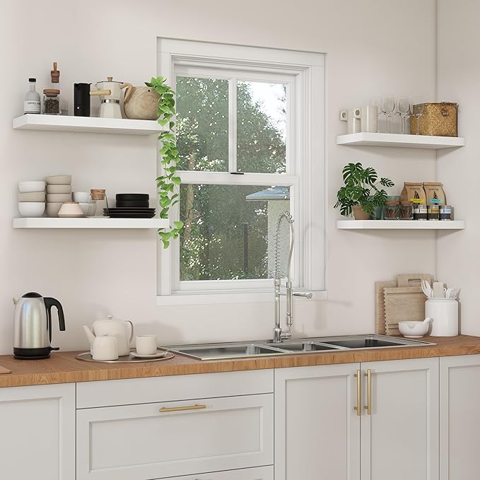 Heimlove 24 inch Floating Shelves for Wall,9.3 inch deep White Wood Shelves with Invisible Brackets,Wall Mounted Storage & Display Shelves for Bedroom,Living Room,Set of 2-Ruum Studio Home