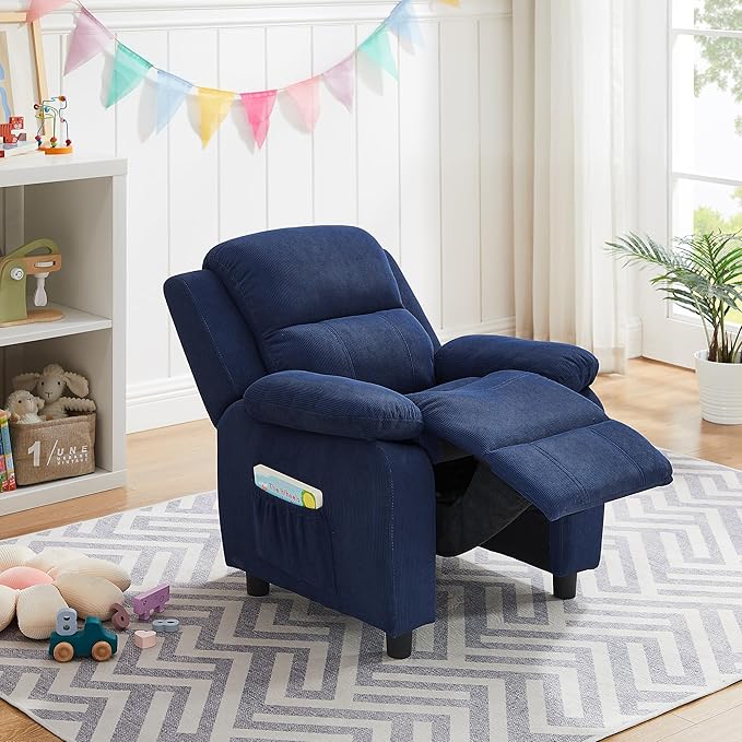 Ulax furniture Corduroy Kids Recliner Chair, Toddler Armrest Sofa Couch, Ergonomic Adjustable Lounge Sofa with Footrest, Padded Backrest, Storage Arms, Navy Recliner for Girls and Boys-Ruum Studio Home