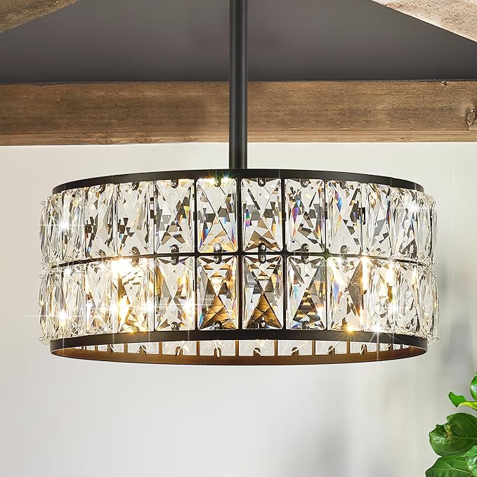 12” 3-Light Modern Crystal Chandeliers Black Dinning Room Light Fixture with Two Poles, Round Pendant Light Kitchen Island Chandelier, Flush Mount Ceiling Light for Living Room Entryway-Ruum Studio Home