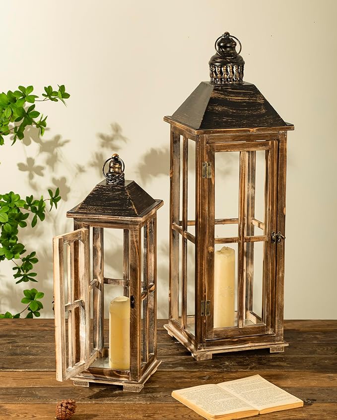 Large Farmhouse Wooden Decorative Lantern Set of 2, Rustic Distressed Brown Burnt Wood Floor Candle Lanterns, Indoor/Outdoor Hanging Lanterns for Home Decor (No Glass)-Ruum Studio Home