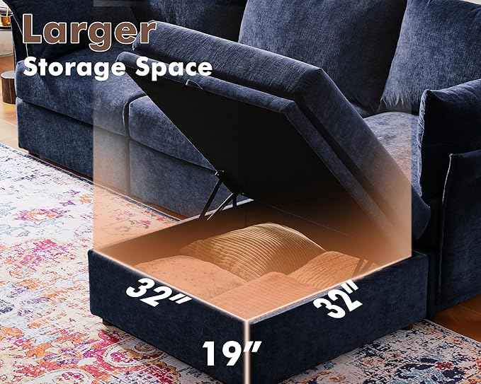 Luxury Modular Sectional Sofa, L-Shaped 3-Seat Couch with Storage Ottoman Deep Seat & Reversible Chaise Lounge Chenille Blue for Compact Spaces, Apartments, Dorm-Ruum Studio Home