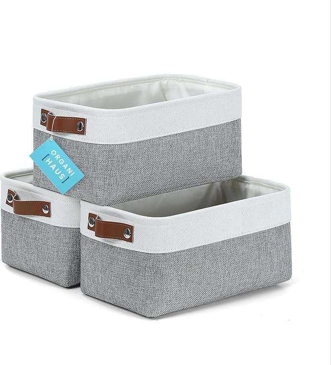 OrganiHaus Small Fabric Storage Bins for Shelves 3 Pack, 12x8in Closet Storage Bins for Shelves, Cloth Baskets for Organizing, Linen Closet Organizers, Fabric Basket, Shelf Organizer Bins Gray/White-Ruum Studio Home