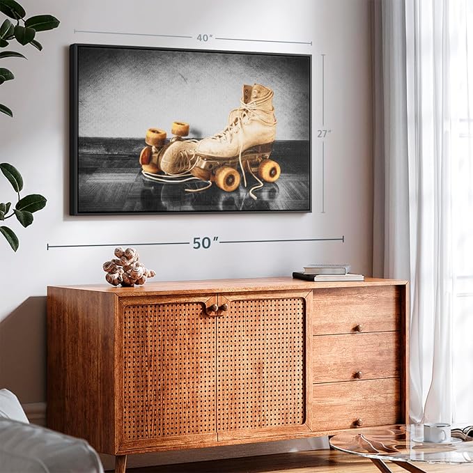 ElephantStock Vintage Skates Pop Wall Art - Horizontal Framed Canvas - 1-Piece Living Room Wall Decor - Sport Photography Canvas Print - Beige and Black Decor for Wall - 40" X 27"-Ruum Studio Home