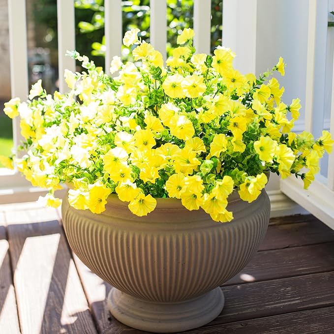 Artificial Mums for Outdoors Fake Fall Flowers Plants for Autumn Decoration, 12 Bundles Silk Morning Glory with Eucalyptus Look Real UV Resistant Yellow Faux Mums for Outside Planters Front Door Yard-Ruum Studio Home