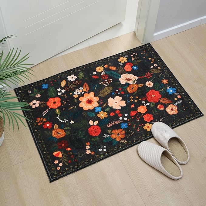Door Mat Indoor Entrance 2x3 Rug Machine Washable Boho Floral Small Area Rug Non-Slip Low Pile Throw Rugs for Entryway, Kitchen, Front Door Indoor Entrance, Entry, Kids Room (Black)-Ruum Studio Home