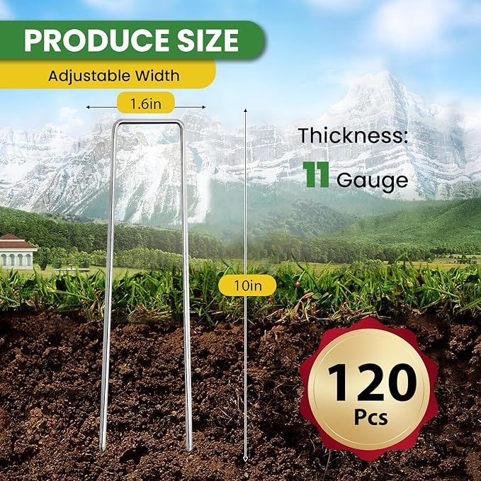 Landscape Staples Galvanized 10 Inch 120 Pcs, Metal Garden Stakes 1.6 Inch, Garden Staples for Lawn 11 Gauge-Ruum Studio Home