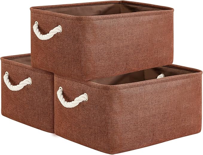 TheWarmHome Decorative Basket Rectangular Fabric Storage Bin Organizer Basket with Handles for Clothes Storage (Brown,Large-3Pack,15.7L*11.8W*8.3H)-Ruum Studio Home
