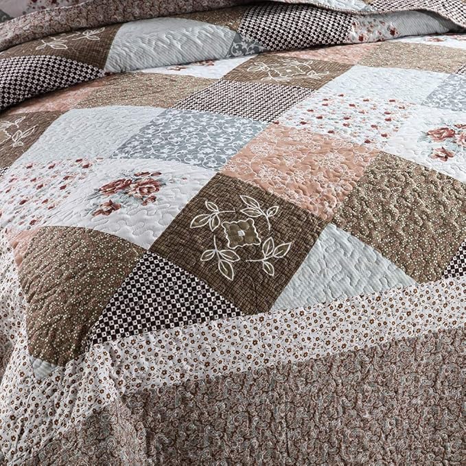 NEWLAKE Quilt Bedspread Sets-Checkered Floral Reversible Coverlet Set,Queen Size-Ruum Studio Home