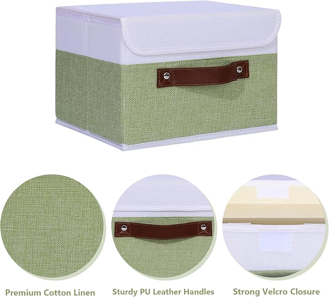 ANMINY 4PCS Storage Boxes with Lid Washable Decorative Storage Bins Basket with PU Leather Handle Foldable Linen Fabric Storage Cubes Containers for Home Closet Organizer - Green White, Small Size-Ruum Studio Home