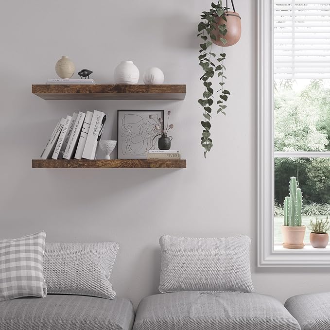 Floating Shelf, Set of 2 Wall Shelf, 24 in W x 12.75 in D x 2 in H Wooden Floating Wall Shelf with Invisible Brackets for Living Room/Bedroom/Bathroom/Kitchen Storage and Decor, Rustic Brown-Ruum Studio Home