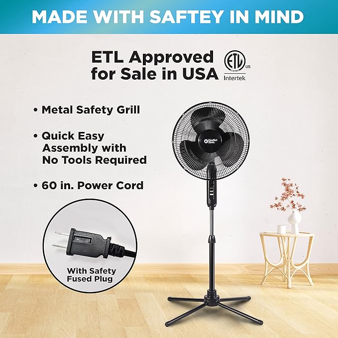 Comfort Zone Electric Oscillating Pedestal Fan, Stand Fan, 16 inch, 3 Speed, 90 Degree Oscillating Head, Adjustable Height and Tilt, Airflow 7.48 ft/sec, Ideal for Home, Bedroom & Office, CZST161BTEBK-Ruum Studio Home