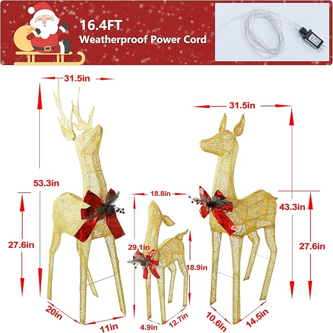4.5FT Lighted Reindeer Family Set for Christmas Decoration, 3 Pieces Pre-Lit Iridescent Deer with 200 LED Lights, 3D Glittered Standing Holiday Display for Outdoor, Indoor, Golden-Ruum Studio Home