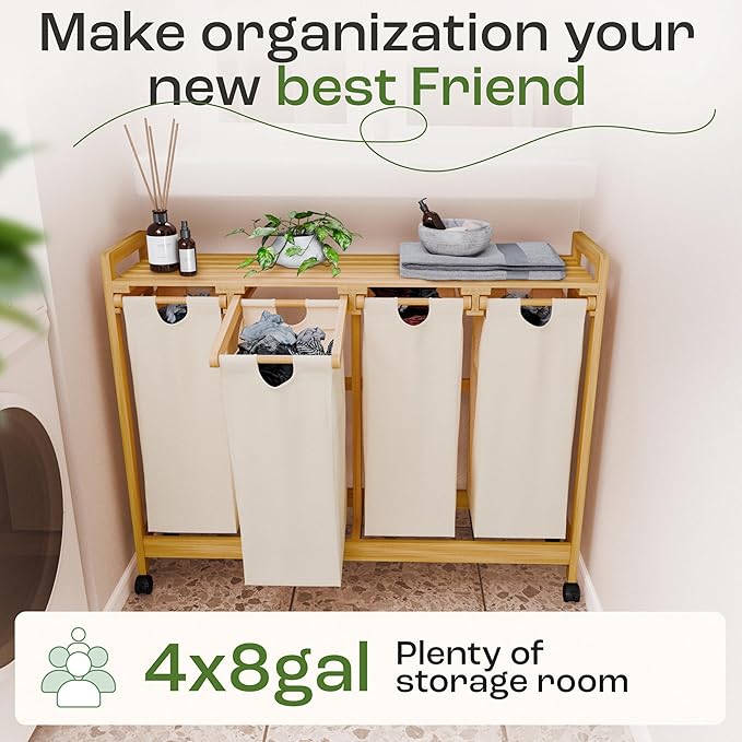 Laundry Sorter with 4 Sections beige, Hamper with Removable Cotton Bags & Wheels – Perfect Laundry Organizer - Eco-Friendly Rolling Laundry Basket – Durable Bamboo and Stylish Design-Ruum Studio Home