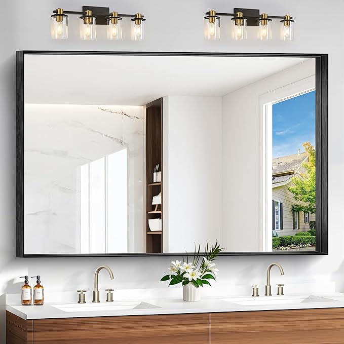 Black Bathroom Mirror, 36x48 Inch Rectangular Deep Frame Mirror, Large Wall Mounted Bathroom Vanity Mirror Over Sink for Bedroom,Restroom, Living Room, Hangs Vertically or Horizontally-Ruum Studio Home