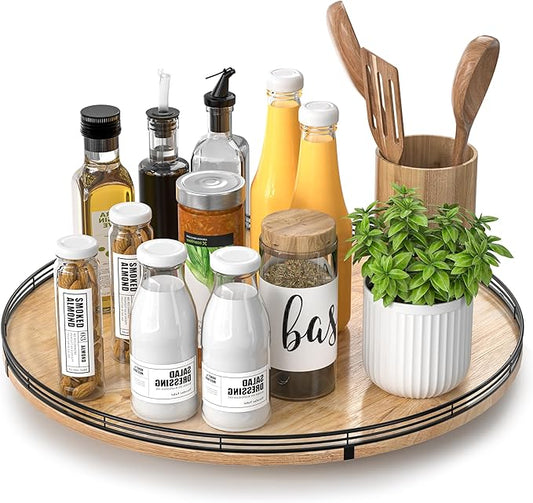 18" Lazy Susan Oak Wood Turntable Organizer for Cabinet, Farmhouse Round Wooden Large Lazy Susan Organization and Storage for Dining Table, Pantry, Kitchen, Countertop, Cupboard, Home Decor-Ruum Studio Home