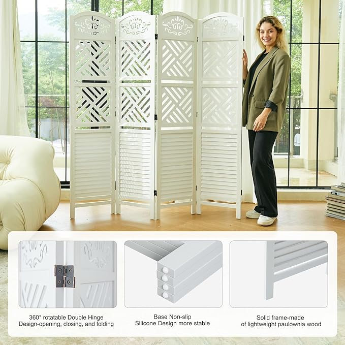 Room Divider with Shelves, 68.9inch Wood Carved and Louvered Wall Divider Freestanding, 4 Panels Folding Partition Screen for Bedroom Home Office (White)-Ruum Studio Home