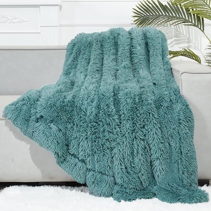 GONAAP Fuzzy Faux Fur Throw Blanket Twin Size Light Teal Super Soft Cozy Plush Fuzzy Shaggy Blanket for Couch Sofa Bed (Light Teal, Twin(60"x80"))-Ruum Studio Home