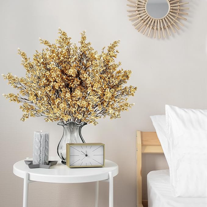 Sggvecsy 15 Pcs Babys Breath Artificial Flowers Gypsophila Bouquets Bulk Real Touch Fake Silk Flowers for Home Wedding DIY Floral Arrangement Kitchen Table Centerpiece Christmas Decoration (Gold)-Ruum Studio Home