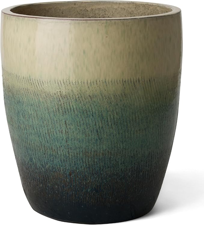 Emissary Bullet 18 in. Bayside Green Ceramic Round Planter (18 in. L x 18 in. W x 21 in. H) with Drainage Hole-Ruum Studio Home