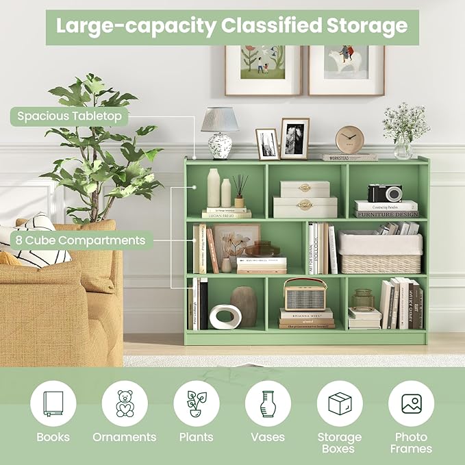 Tangkula 8-Cube Bookcase, Wood 3 Tier Open Storage Bookshelf, Modern Multipurpose Display Cabinet for Living Room, Study, Reading Nook, 48 x 12.5 x 36.5 Inch (Green)-Ruum Studio Home