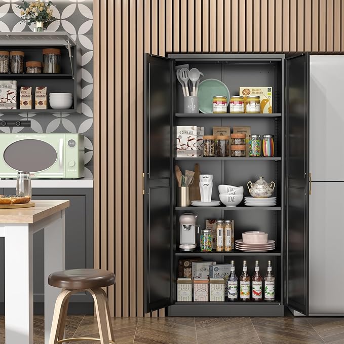Kitchen Pantry Cabinet,71”Black Metal Pantry Storage Cabinet with Doors and 4 Adjustable Shelves,Kitchen Cabinet with 2 Gold Handles,Tall Cabinet for Livingroom,Pantry, Bathroom-Ruum Studio Home