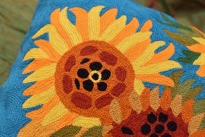 Turquoise Van Gogh Sunflower Pillow Cover Teal Floral Sofa Pillowcase Flower Chair Cushion Accent Throw Flowery Outdoor Pillows Farmhouse Couch Handmade Wool Size 18x18-Ruum Studio Home
