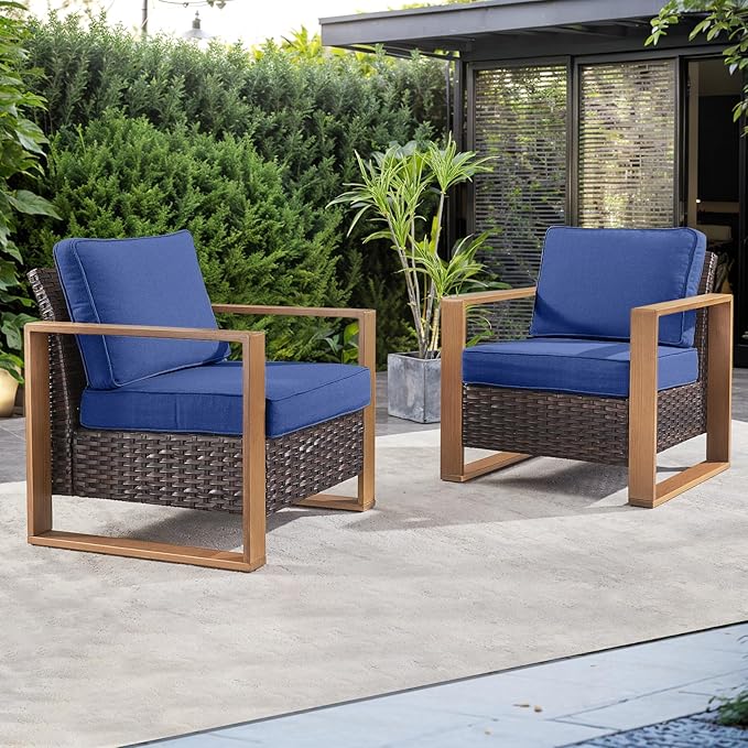 Wicker Outdoor Patio Chairs Set of 2, Rattan Patio Furniture Chairs with Sturdy Frame,All-Weather PE Wicker,Wide Armrest,Deep Seating and Thick Cushions for Deck Porch Garden(Brown/Blue)-Ruum Studio Home