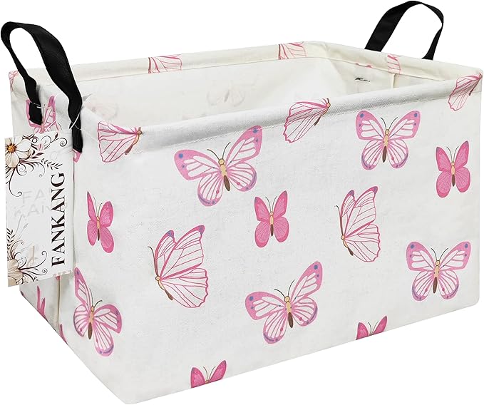 FANKANG Storage Bins, Nursery Hamper Canvas Laundry Basket Foldable with Waterproof PE Coating Large Storage Baskets for Kids Boys and Girls, Office, Bedroom, Clothes,Toys(Rec-pink butterfly-Ruum Studio Home