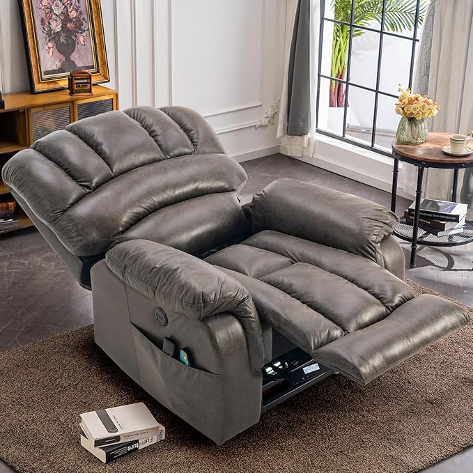 VIVIJASON Large Dual OKIN Motor Lay Flat Sleeper Lift Recliner Chair with Heat & Massage for Elderly, Infinite Position Electric Power Recliner with 2 Remote Controls, Side Pockets & USB Ports, Gray-Ruum Studio Home