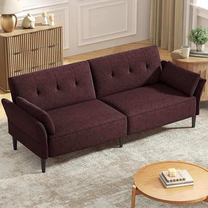 89” Futon Sofa Bed, Velvet Fabric Comfy Futon Couch Bed with 2 Square Pillows, Convertible Sleeper Sofa with Adjustable Backrest& Armrests, Modern Loveseat Sleeper for Living Room, Burgundy-Ruum Studio Home