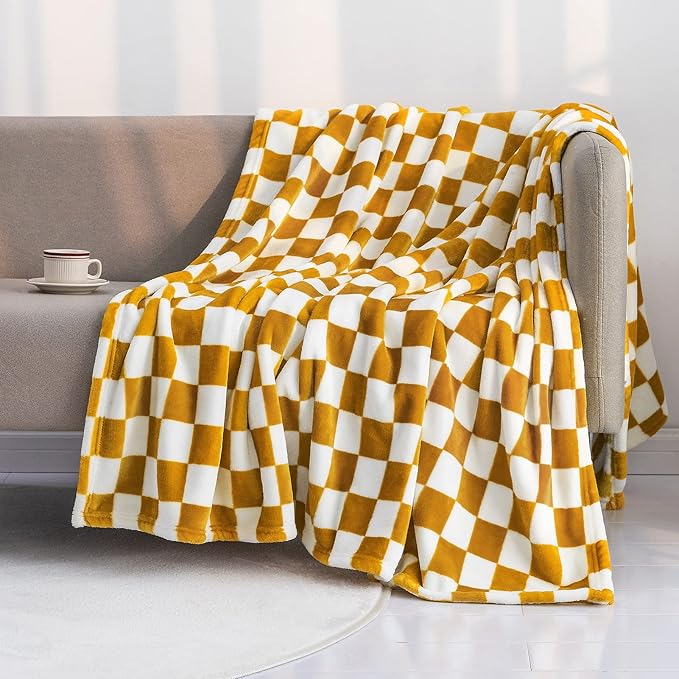 LOMAO Throw Blankets Flannel Blanket with Checkerboard Grid Pattern Soft Throw Blanket for Couch, Bed, Sofa Luxurious Warm and Cozy for All Seasons (Yellow, 90"x90")-Ruum Studio Home