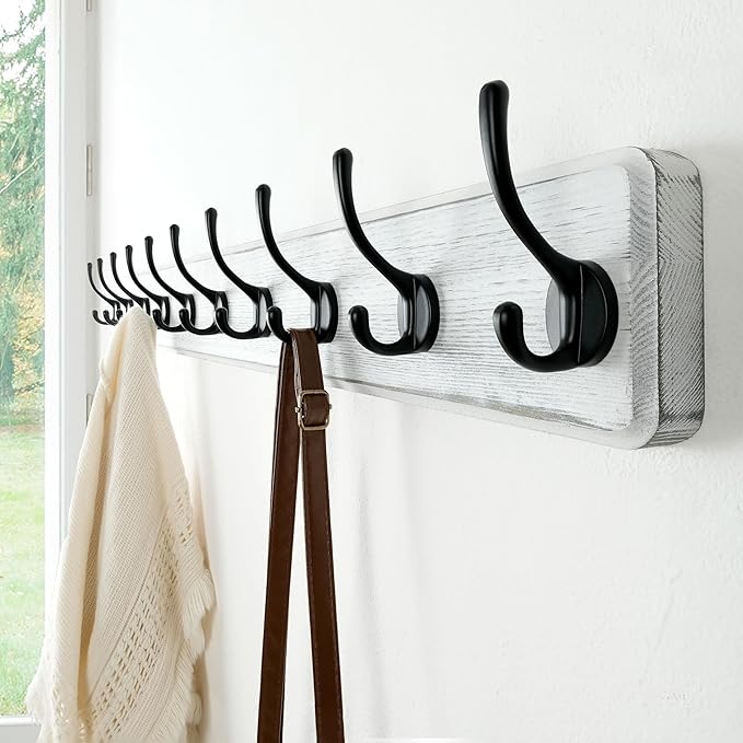 Dseap Coat Rack Wall Mount: 38-1/4" Long, Patented, Heavy-Duty, 10-Double-Hooks Wooden Hanger Rail for Winter Coats Hat Jacket Clothing, White & Black-Ruum Studio Home