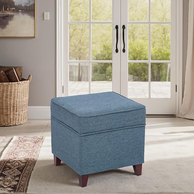 Adeco 17" Square Ottoman with Storage, Small Blue Storage Ottoman Foot Rest with Hinged Lid & Solid Wood Legs, Linen Fabric Foot Stool for Living Room & Bedroom-Ruum Studio Home