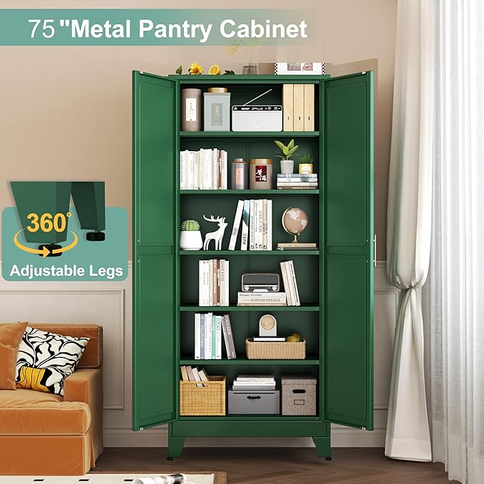 Metal Pantry Cabinet with 2 Doors and 5 Adjustable Shelves, 75" Kitchen Storage Cabinet with Gold Handles, Versatile Storage for Laundry, Living, Bathroom, Dining, Utility Room - Green-Ruum Studio Home