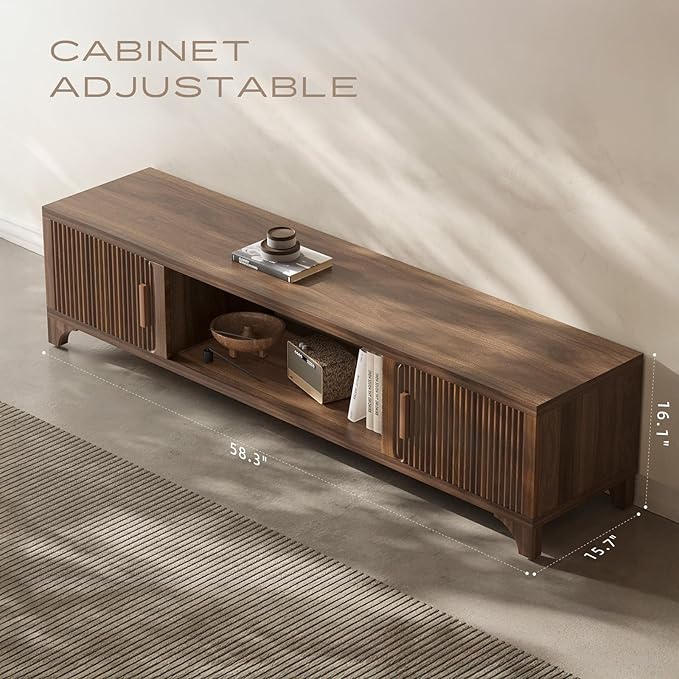 Mid Century Modern TV Stand for 70/75 Inches Television, TV Console with Fluted Doors and Storage, Entertainment Center for Living Room and Bedroom, Dark Brown-Ruum Studio Home