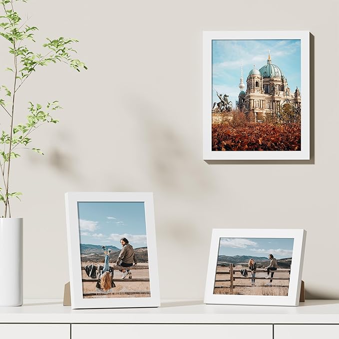 Vittanly 8x10 Picture Frames Set of 9, Shatter Resistant Plexiglass, Display 5x7 Pictures with Mat or 8x10 without Mat, Photo Frames for Wall or Tabletop, Engineered Wood, White-Ruum Studio Home