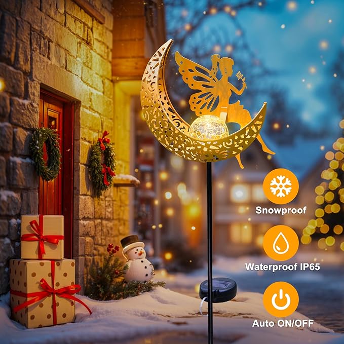 Fairy Moon Solar Lights Outdoor Garden Gifts for Mom Yard Decorations Stakes Lights, Waterproof LED Outside Backard Decor, Lawn Patio Ornaments, Mothers Day Birthday Gifts for Mom (Gold,1Pack)-Ruum Studio Home