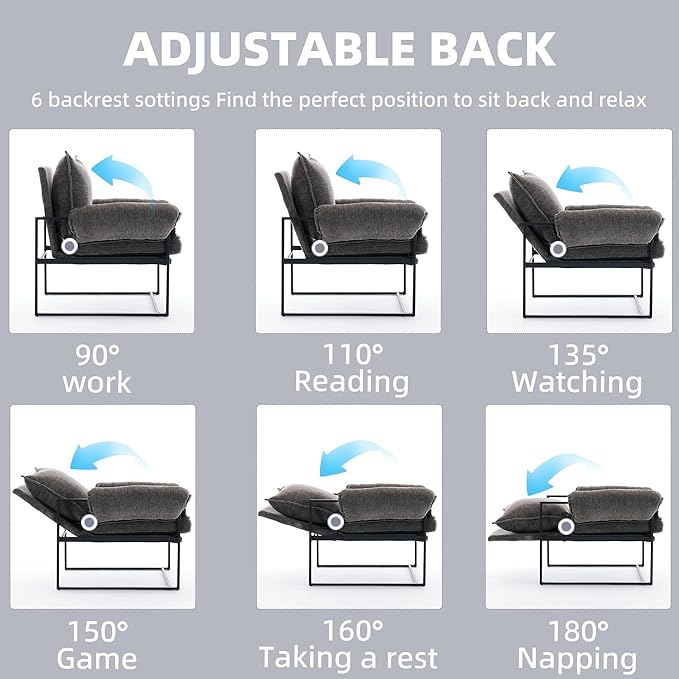 YISHENG Accent Chair with 6-Angle Adjustable Backrest, Chenille Fabric Living Room Chair Upholstered Lounge Chair, Modern Chair Cozy Reclining Chair for Reading Room, 1PC Gray-Ruum Studio Home