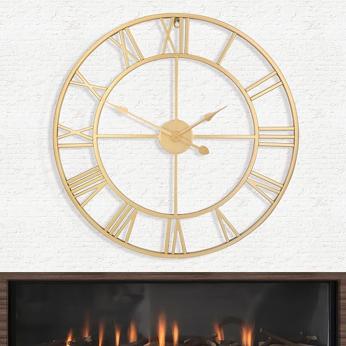 LEIKE Large Modern Wall Clocks,32" Gold Metal,Rustic,Round,Nearly Silent,Little Ticking,Battery Operated Roman Numerals Clock for Living Room/Bedroom/Kitchen Wall Decor-(Gold, 80cm)-Ruum Studio Home