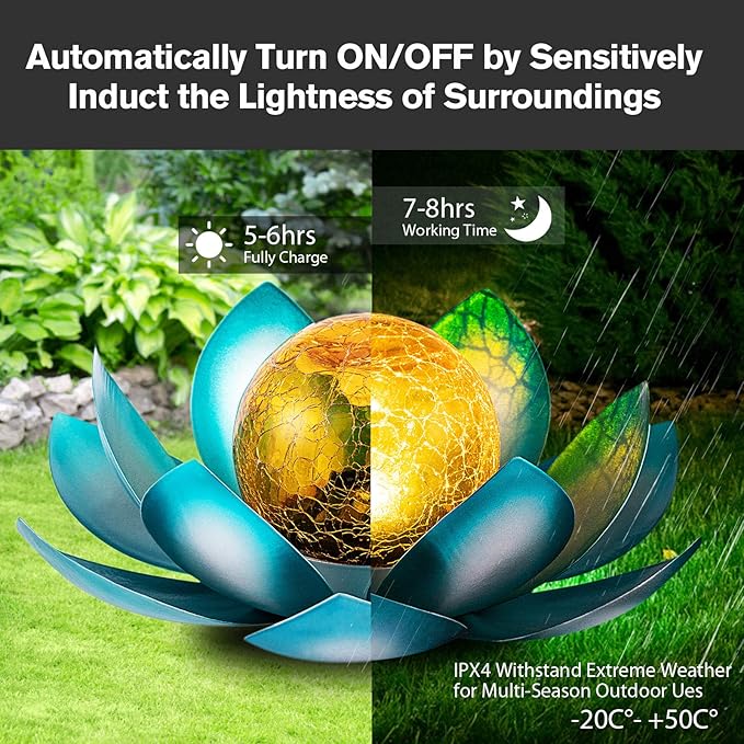 Solar Light Outdoor(2Pack), Art Crackle Globe Glass Lotus Decoration, Solar LED Waterproof Blue Metal Flower Lights for Patio,Lawn,Walkway,Tabletop-Ruum Studio Home