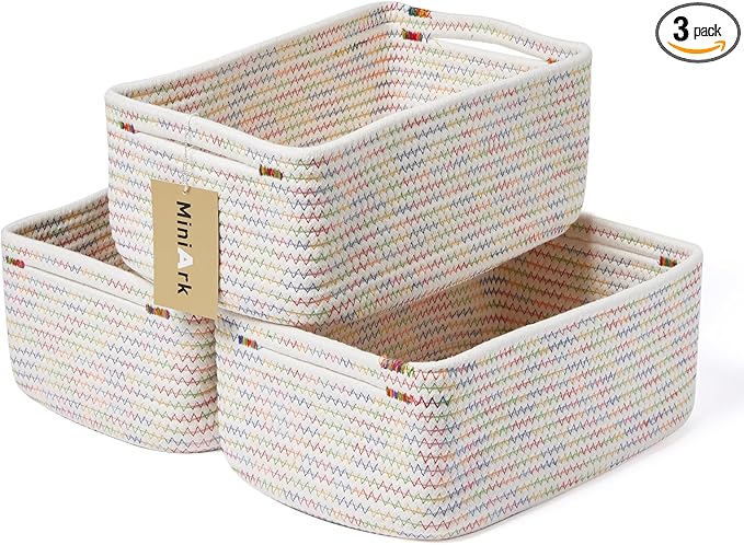 Small Storage Baskets for Organizing | Closet Organizer Bins | Shelf Toy Basket | Woven Rope Baskets | Cube Decorative Box | Shallow Basket | 13x8.5x5.1” | 3 Packs Rainbow-Ruum Studio Home