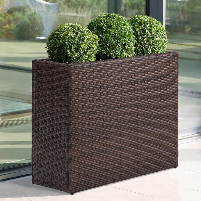 LEWIS&WAYNE Tall Planters for Outdoor Plants Handmade Wicker Large Rectangular Block Planter Box with Removable Liners Modern Planter for Indoor Outdoor Patio Deck - Brown-Ruum Studio Home