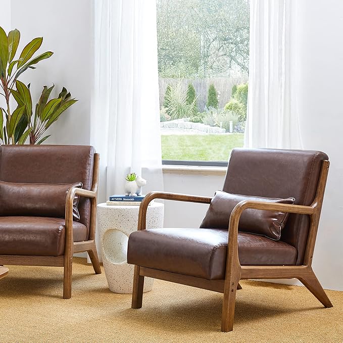 Glitzhome 2 Set Mid Century Coffee Accent Armchair, Single Reading Armchair PU Leather Lounge Chair with Walnut Ruberwood Frame-Ruum Studio Home